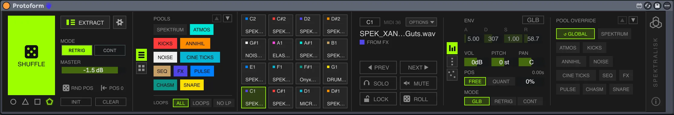 The Protoform device strip in Ableton Live — shuffle and transport, pools, the 16-pad grid, and the selected slot's controls
