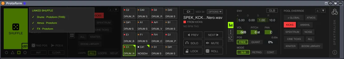 The Linked Shuffle menu listing checked Protoform devices by track and device name