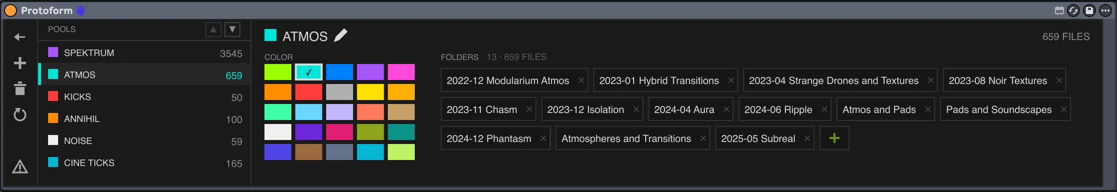 Protoform's setup screen — pools with their folders, file counts and colours