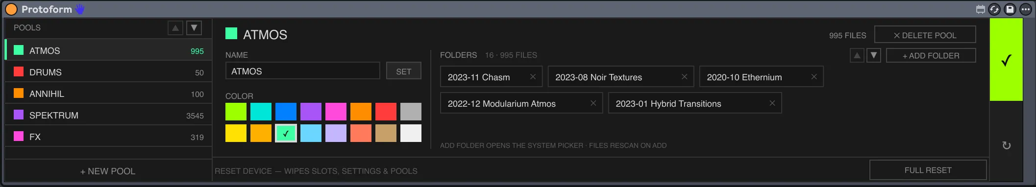 Protoform's setup screen — pools with their folders, file counts and colours