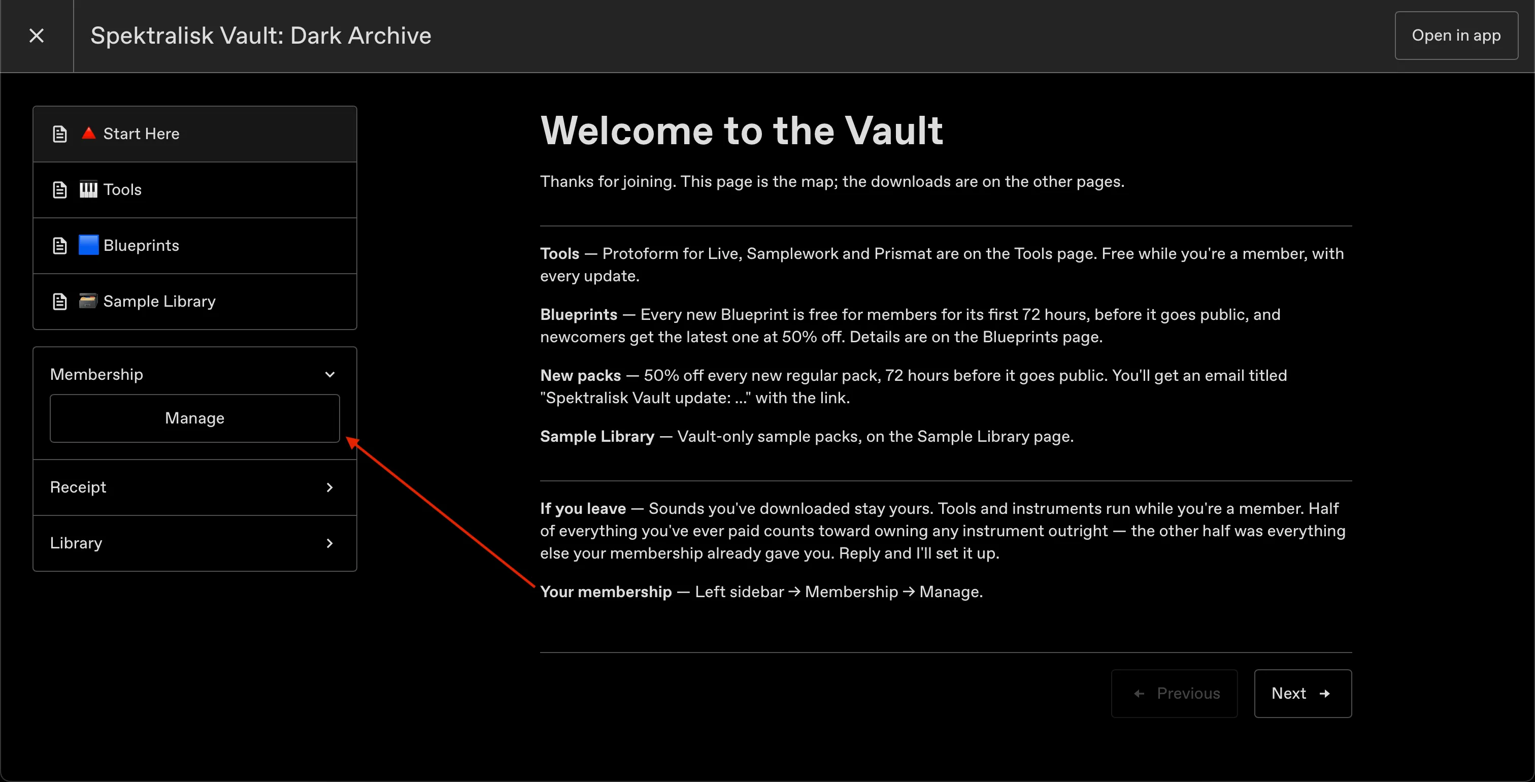 Actual Gumroad Vault page, with four content pages and an arrow pointing to Membership → Manage.